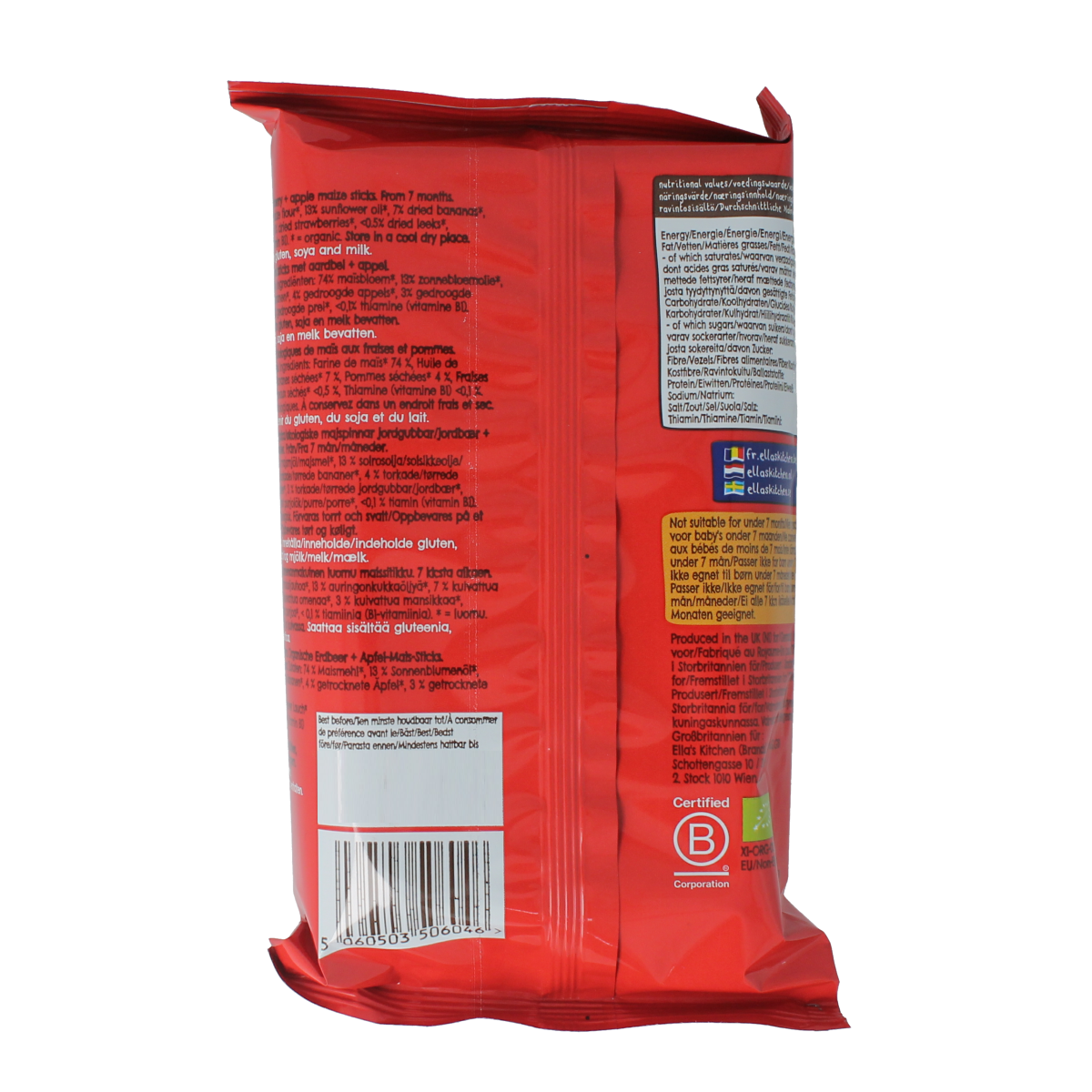 Ella's Kitchen maize sticks with strawberry and apple flavor, suitable for babies 7+ months, organic baby and toddler food.