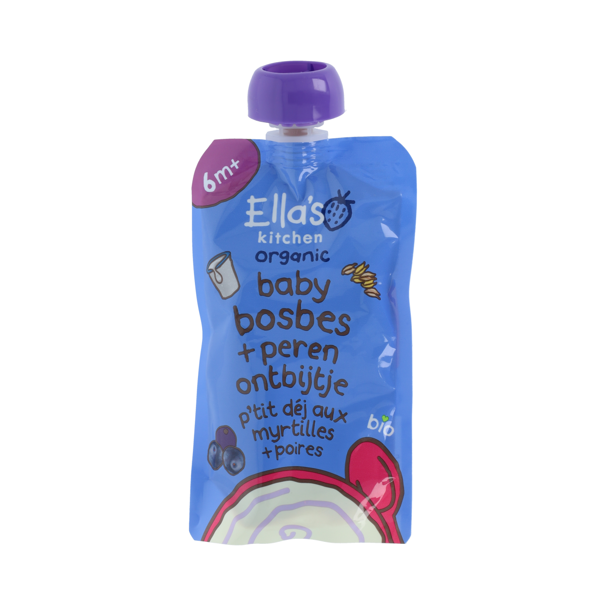 Ella's Kitchen baby blueberry and pear breakfast puree in 100g bio jar, suitable for babies and toddlers aged 6+.