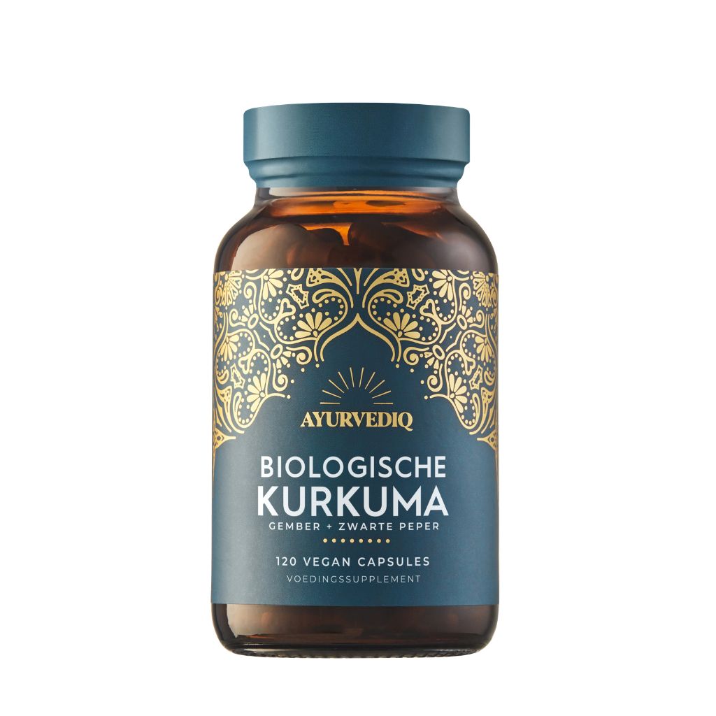 Ayurvediq biologische Kurkuma vegetarische capsules in een open blisterverpakking, kruidenpreparaat voor natuurlijke ondersteuning