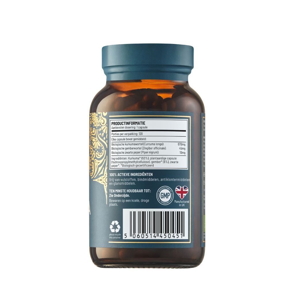 Ayurvediq biologische Kurkuma vegetarische capsules in een plastic pot, kruidenpreparaat voor gezondheidsondersteuning.