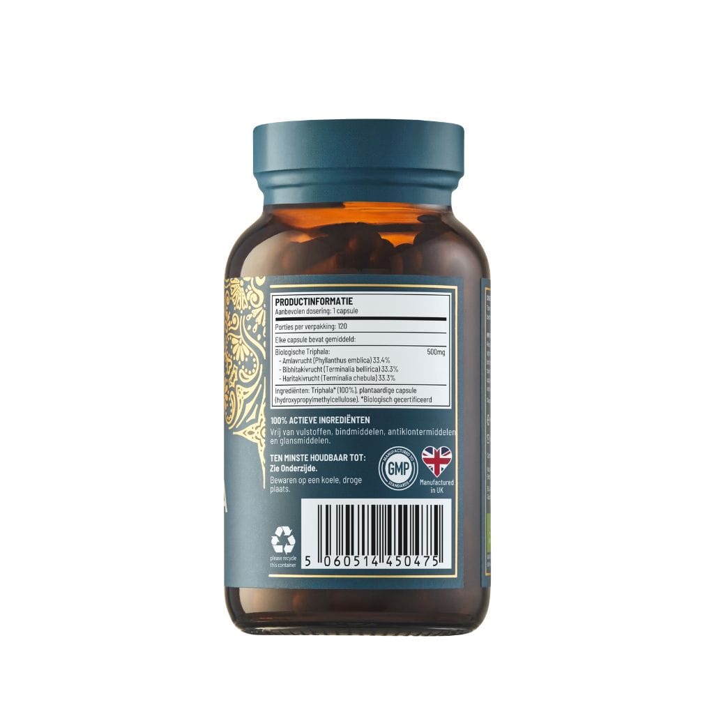 Ayurvediq biologische Triphala capsules, herbal supplement in a bottle, with green and white packaging and capsules visible inside.