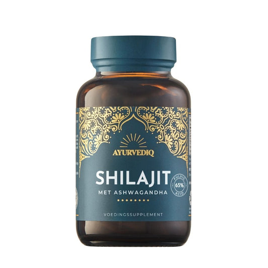 Ayurvediq Shilajit capsules in a bottle, herbal supplement from Ayurvediq, used for natural wellness and traditional herbal remedies.