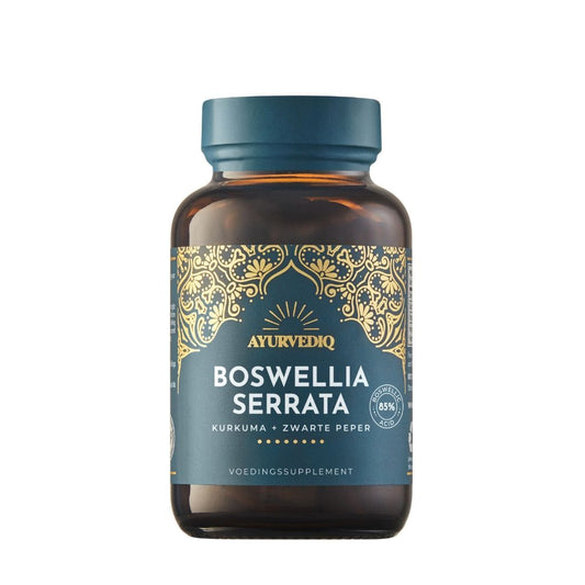Ayurvediq Boswellia Serrata capsules, herbal supplement from Ayurvediq, in a bottle showing 60 capsules for joint support.