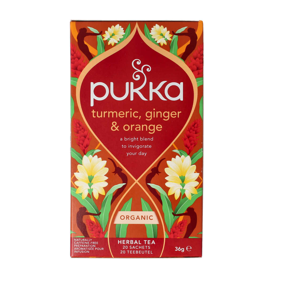 Pukka Turmeric Active Tea bio, 20 tea bags, featuring bright yellow turmeric root and herbal ingredients in a colorful box.