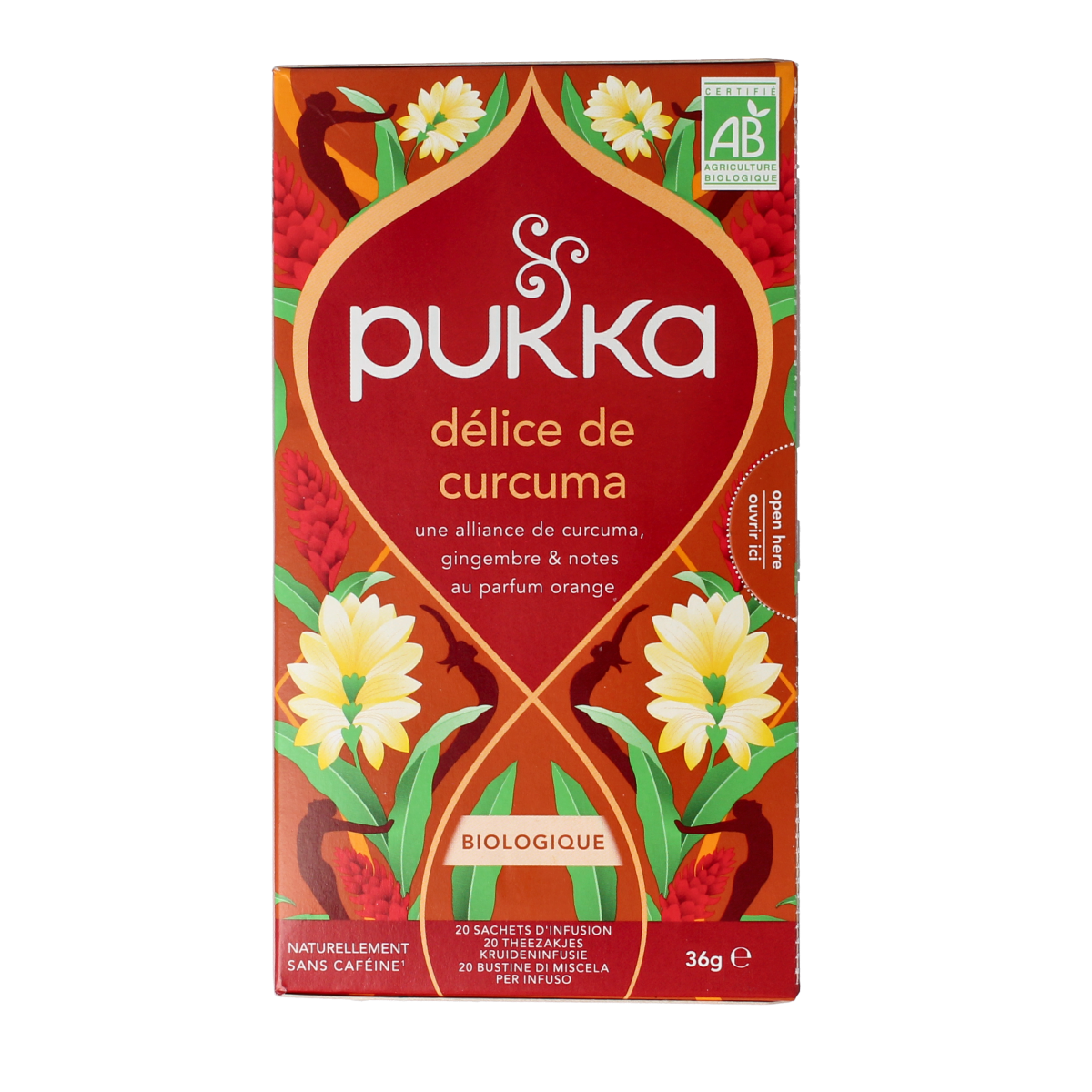 Pukka turmeric active tea in 20 bio tea bags, featuring fresh turmeric and herbs in a colorful packaging.