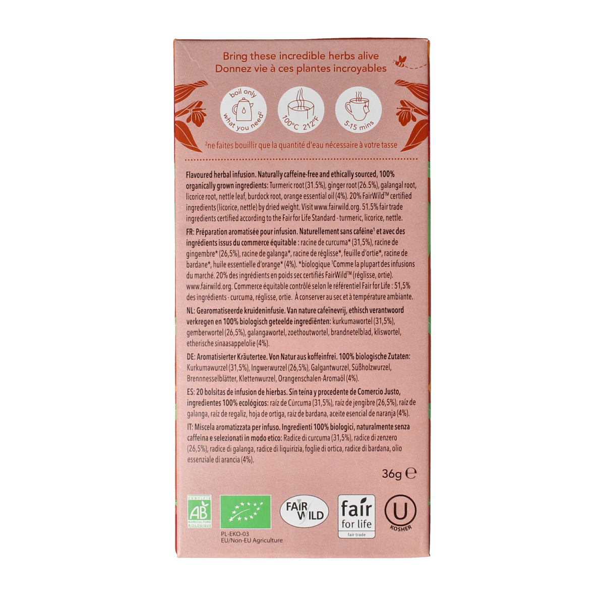 Pukka Turmeric Active Tea box with 20 bio tea bags, featuring vibrant packaging and herbal tea leaves.