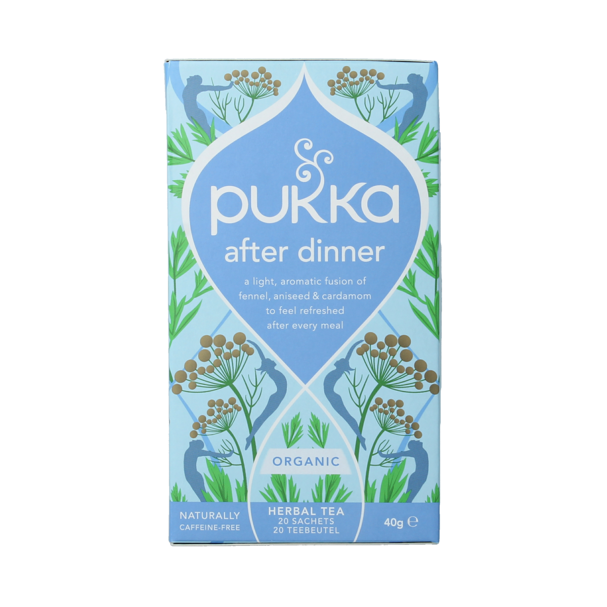Pukka After Dinner Bio tea sachets in a box, herbal tea blend for digestion, biodegradable packaging, 20 sachets included.