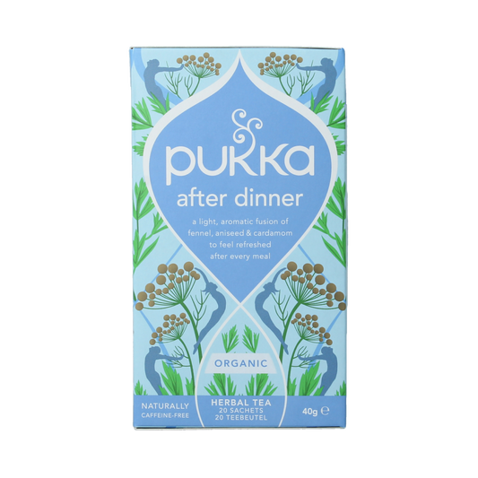 Pukka After Dinner Bio tea sachets in a box, herbal tea blend for digestion, biodegradable packaging, 20 sachets included.