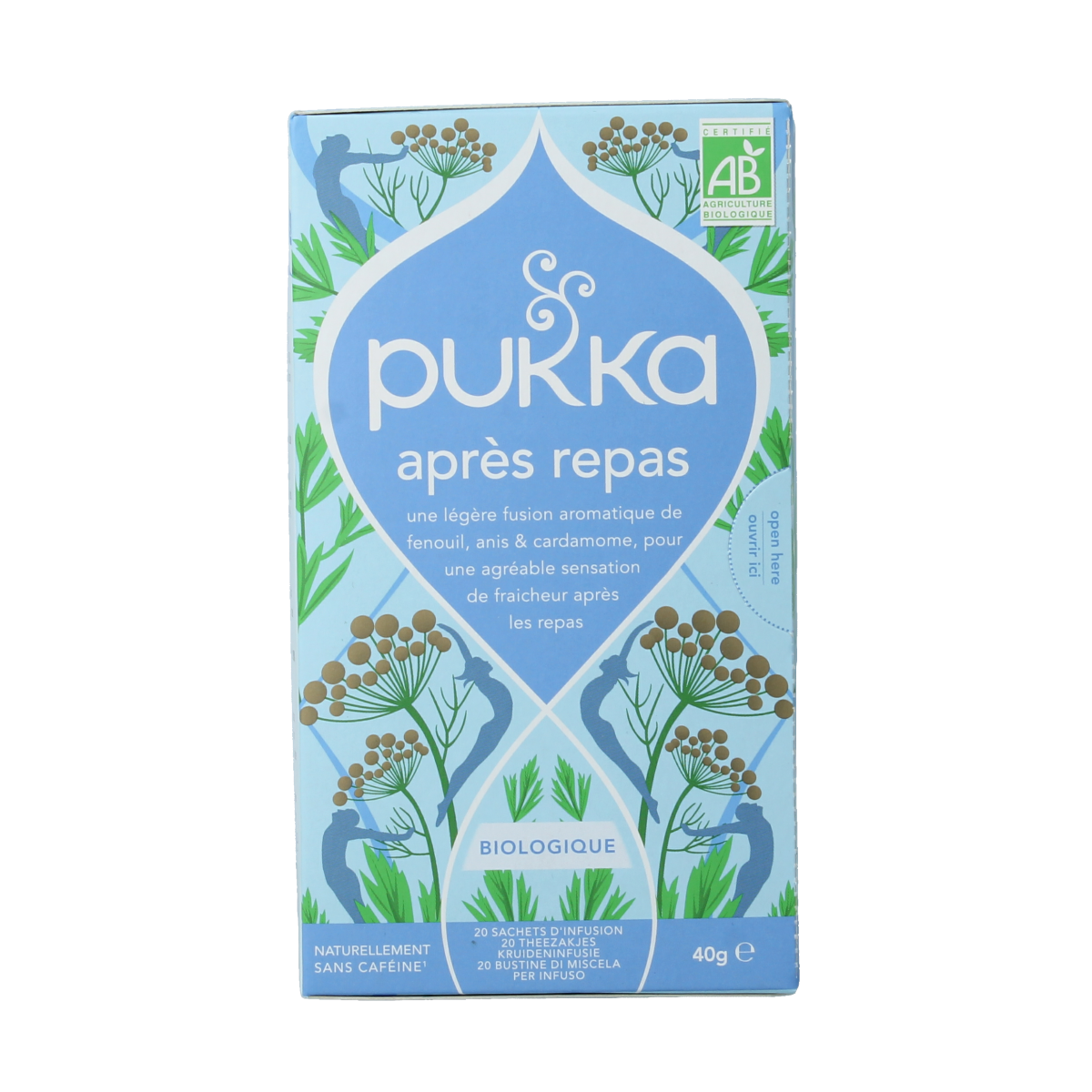 Pukka After Dinner Bio tea in a box with 20 tea bags, natural herbal blend for digestion and relaxation.