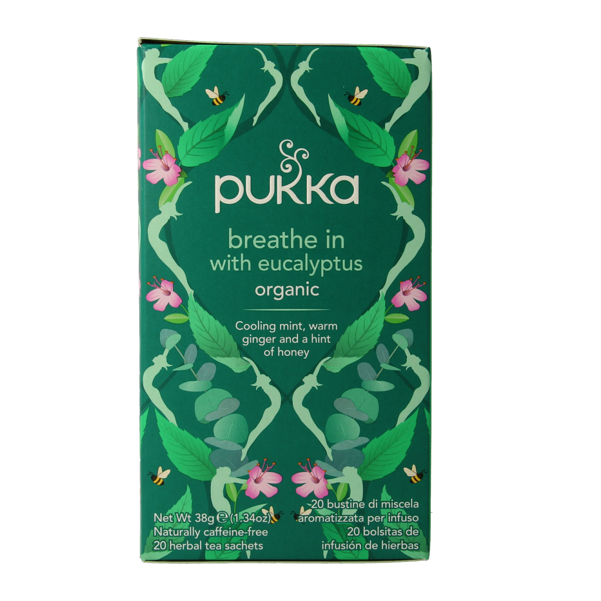Pukka Breathe In organic tea boxes with 20 tea bags, featuring herbal ingredients for respiratory relief and relaxation.