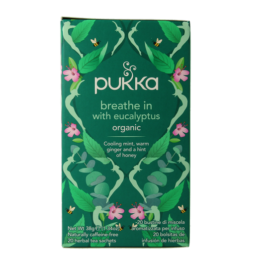 Pukka Breathe In organic tea boxes with 20 tea bags, featuring herbal ingredients for respiratory relief and relaxation.