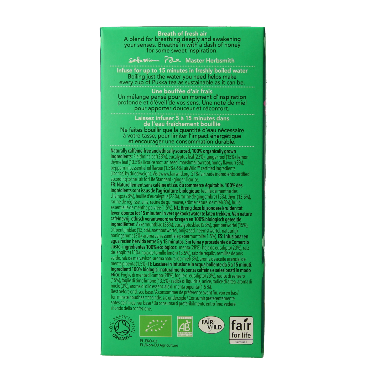 Pukka Breathe In bio herbal tea bags, 20 count, featuring natural ingredients and calming packaging for respiratory wellness.