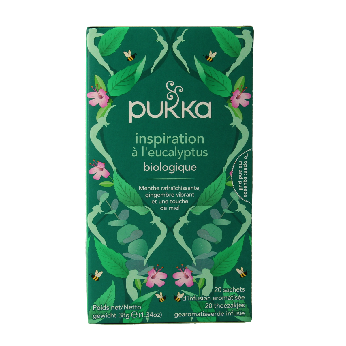 Pukka Breathe In bio herbal tea in a box with 20 tea bags, featuring calming herbal ingredients and natural packaging.