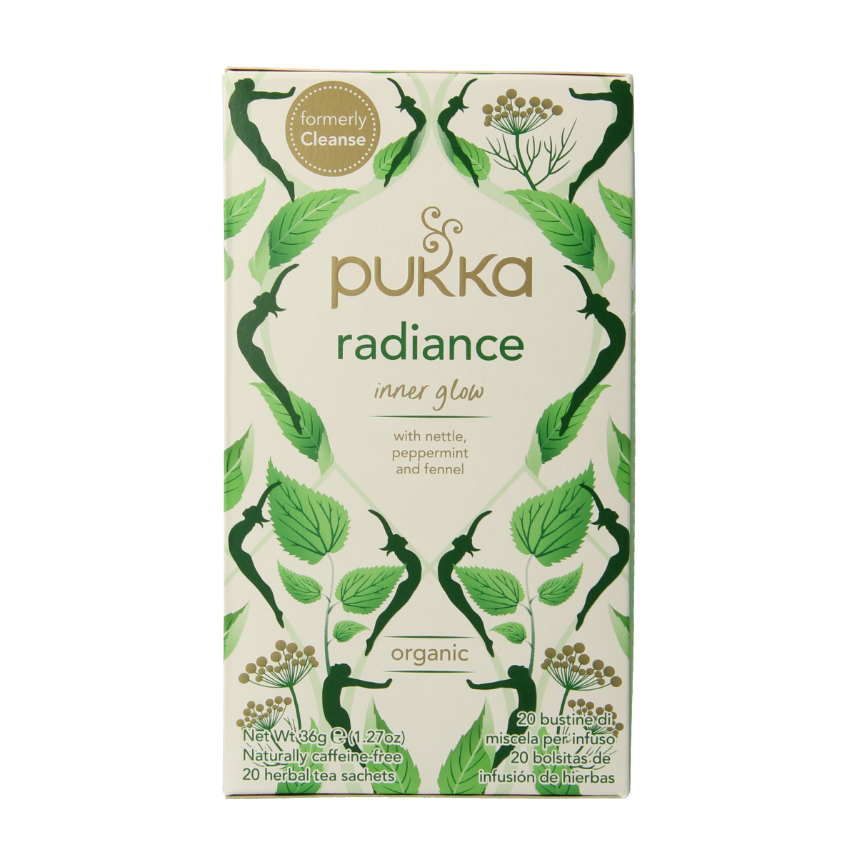 Pukka Radiance bio tea in 20 tea bags, featuring a vibrant box with herbal ingredients for a refreshing beverage.