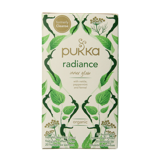 Pukka Radiance bio tea in 20 tea bags, featuring a vibrant box with herbal ingredients for a refreshing beverage.