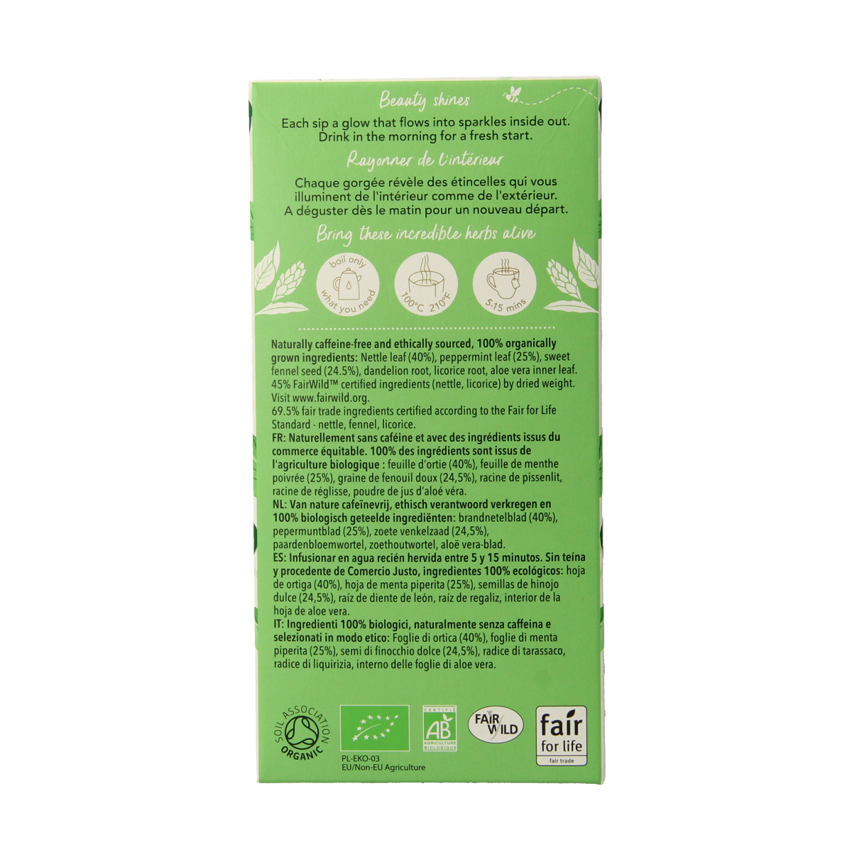 Pukka Radiance bio tea packaging with 20 tea bags, featuring natural herbal ingredients in a colorful box.