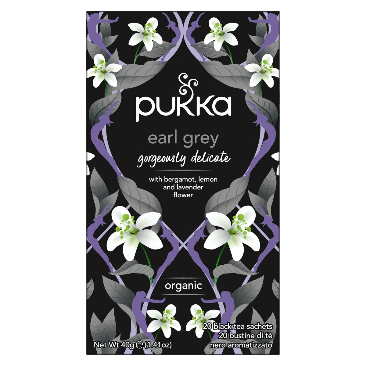 Pukka Earl Grey organic tea bags, 20-count, featuring black tea infused with bergamot orange in a resealable package.