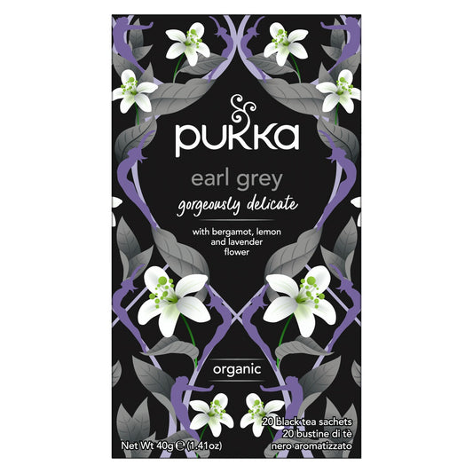 Pukka Earl Grey organic tea bags, 20-count, featuring black tea infused with bergamot orange in a resealable package.