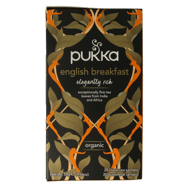 Pukka English Breakfast bio tea bags, 20-count, featuring loose tea leaves in a clear box with a Pukka logo.