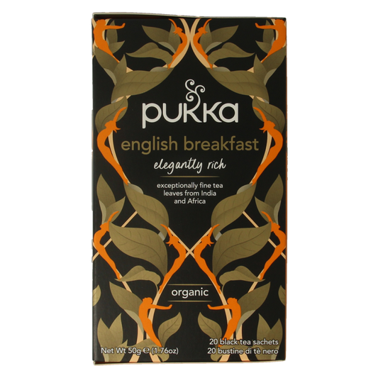 Pukka English Breakfast bio tea bags, 20-count, featuring loose tea leaves in a clear box with a Pukka logo.