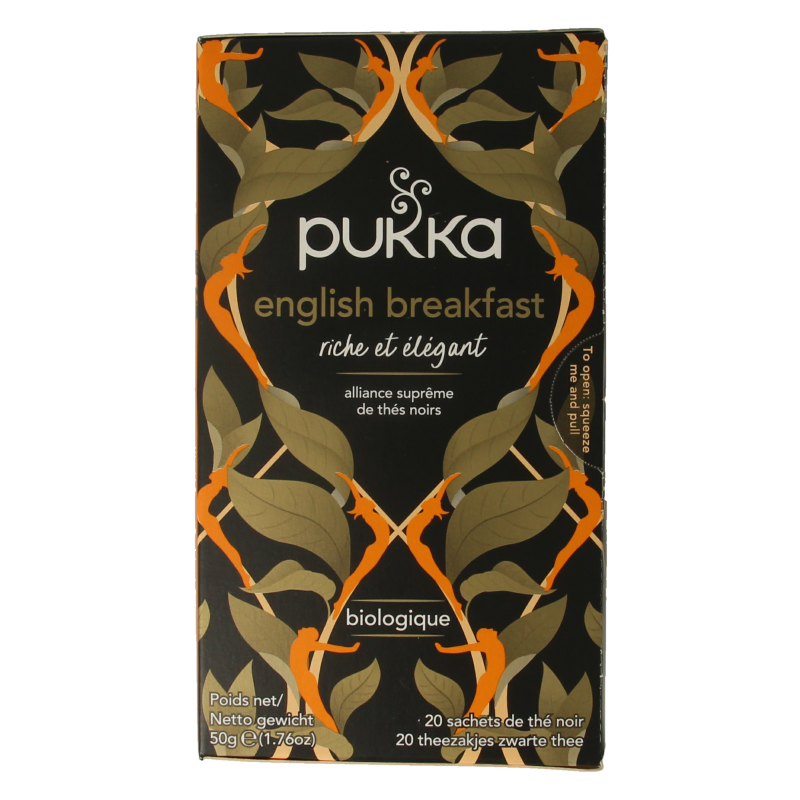 Pukka English Breakfast organic tea bags, 20-count box, featuring black tea with rich, full-bodied flavor and aromatic notes.