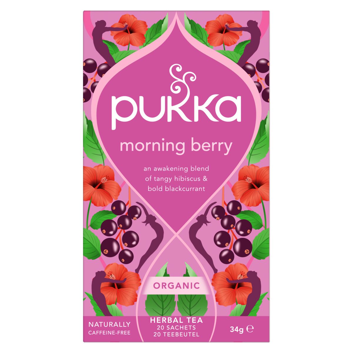 Pukka Morning Berry Bio tea bags in a box, showcasing the packaging for organic berry-flavored herbal tea.