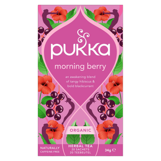 Pukka Morning Berry Bio tea bags in a box, showcasing the packaging for organic berry-flavored herbal tea.