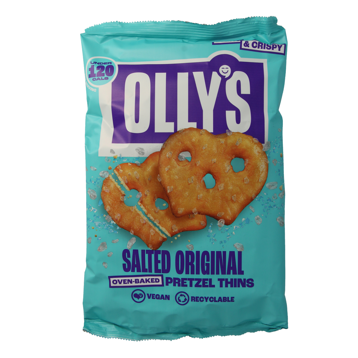 Olly's Pretzels Original chips with salt, 140g, showing golden pretzels in a clear bag, brand logo visible.
