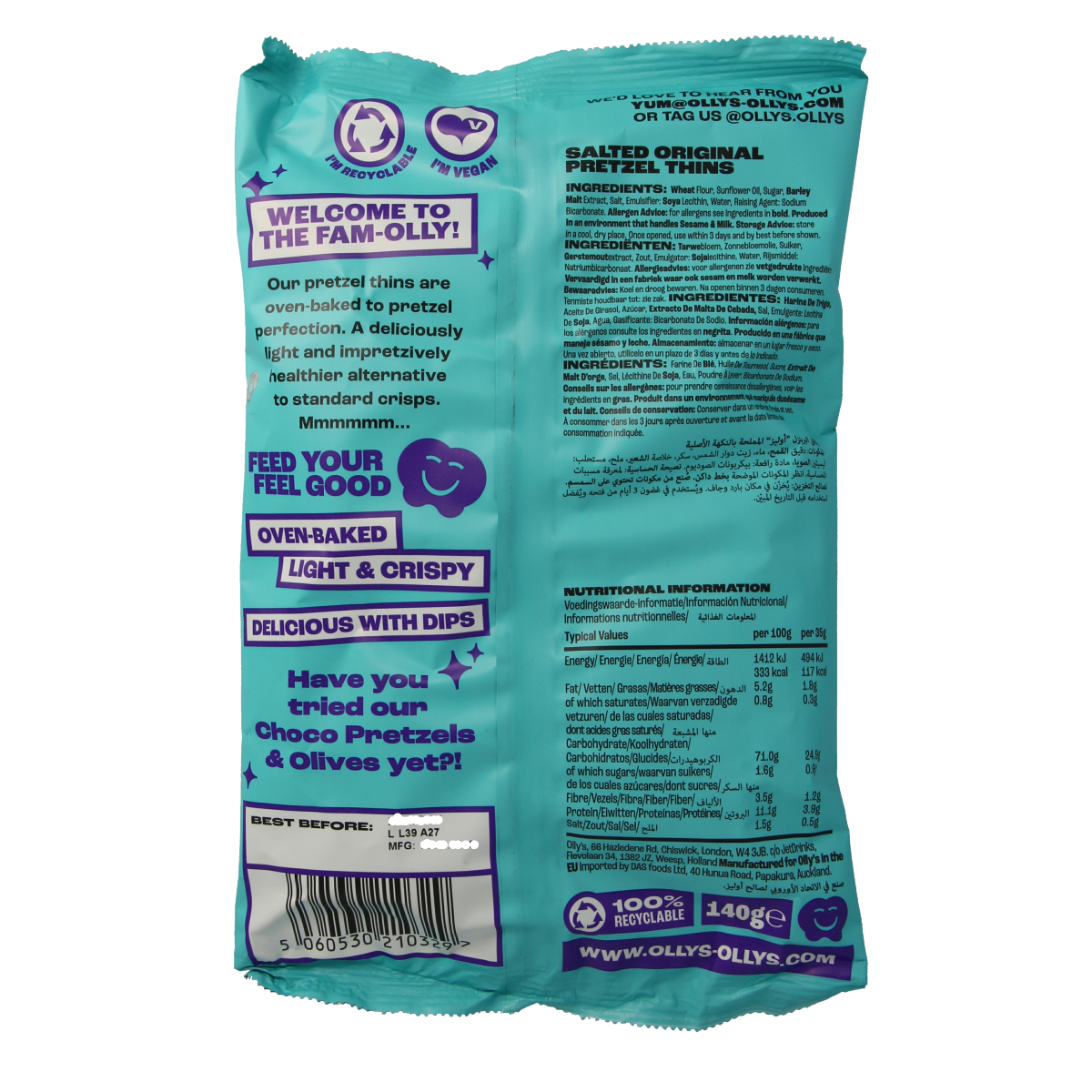 Olly's Pretzels original salty chips in 140g bag, showing golden pretzels with coarse salt on their surface.