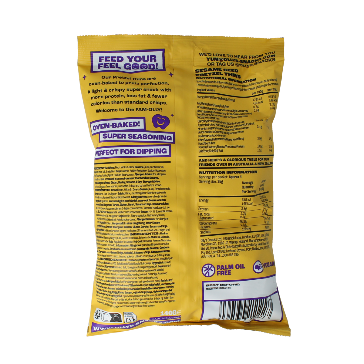 Olly's sesame pretzels in a 140g snack bag, crispy baked snack with sesame seeds, perfect for quick bites.
