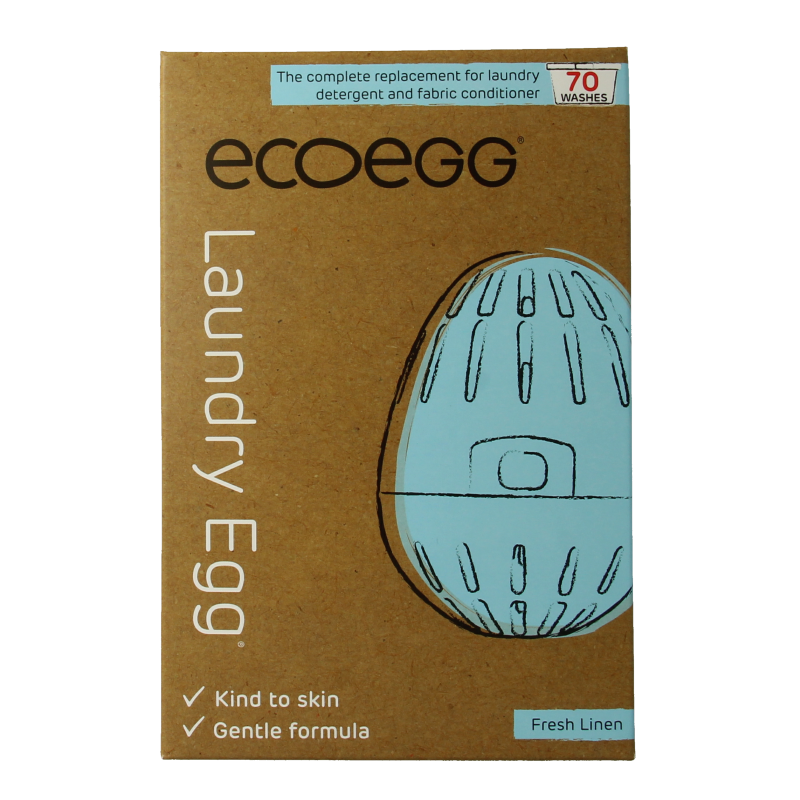 Eco Egg Laundry Egg in fresh linen scent, 70 washes, eco-friendly laundry product from Eco Egg with a white and green design.