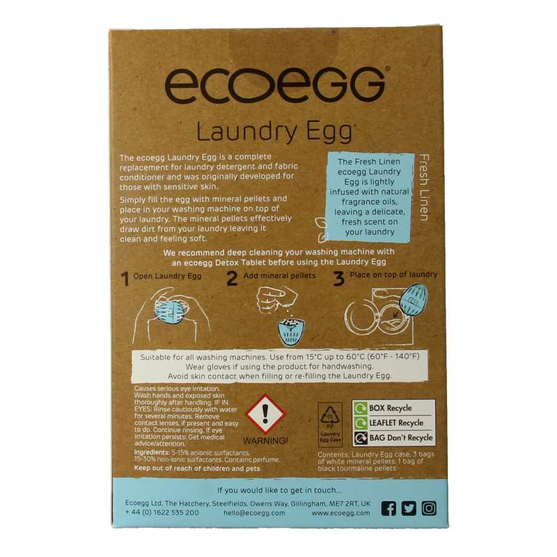 Eco Egg laundry egg in fresh linen scent, eco-friendly detergent alternative, with one reusable egg for eco-conscious washing.