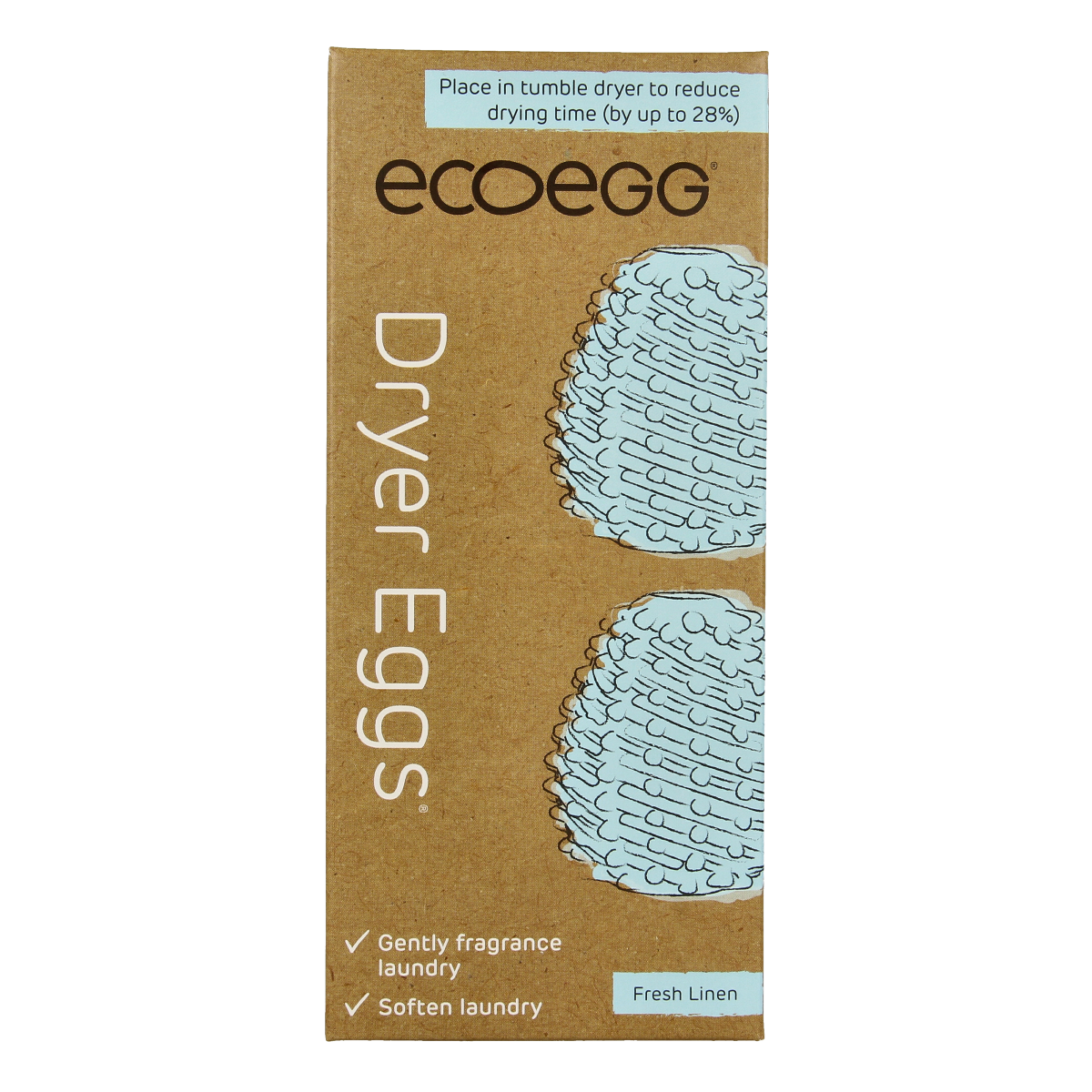 Eco Egg Dryer eggs in fresh linen scent, two reusable laundry scent beads for eco-friendly fabric softening and freshening.