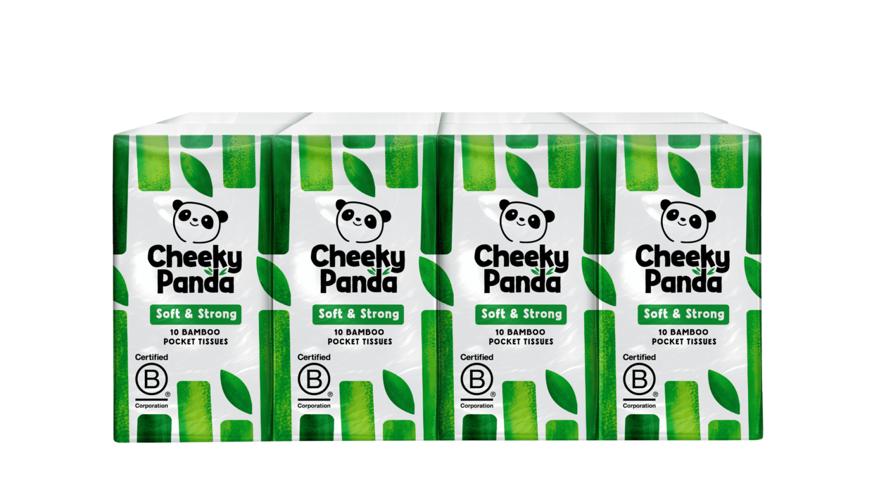 Box of 8 packs of The Cheeky Panda bamboo tissues, soft, eco-friendly facial tissues in a colorful box with bamboo design.