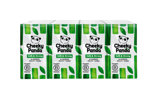 Box of 8 packs of The Cheeky Panda bamboo tissues, soft, eco-friendly facial tissues in a colorful box with bamboo design.