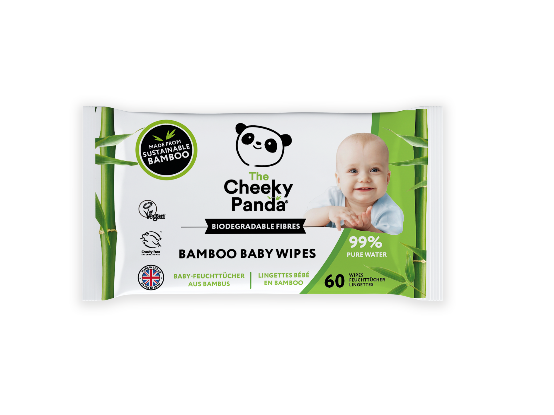 The Cheeky Panda bio-degradable bamboo baby wipes in a pack of 60, soft and eco-friendly for gentle baby skin.