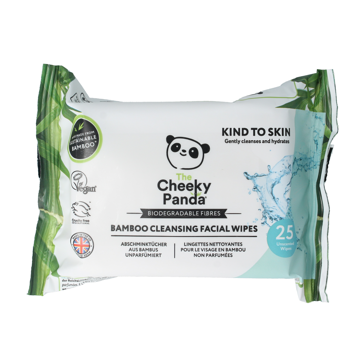 The Cheeky Panda Bamboe fragrance-free facial cleansing wipes, 25 count, showing bamboo packaging and wipes in hand.