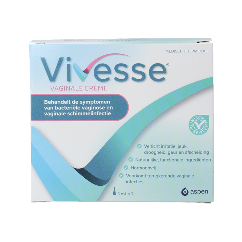Vivesse Vaginale creme in 5ml tube, natural body care product with white and blue packaging and applicator tip.