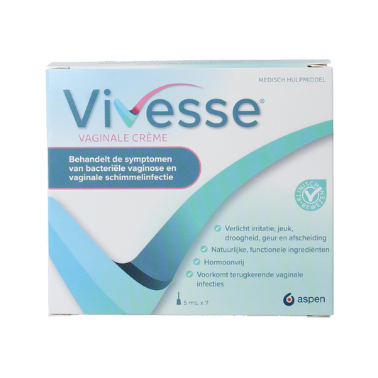 Vivesse Vaginale creme in 5ml tube, natural body care product with white and blue packaging and applicator tip.