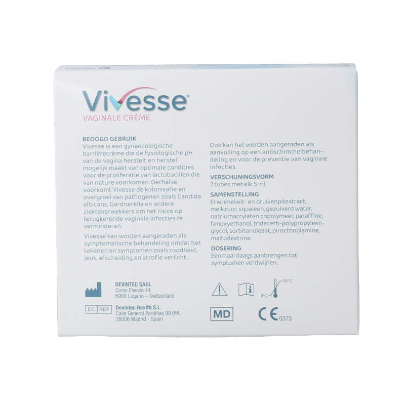 Vivesse Vaginale crème 5ml, body care product, with a tube and applicator, designed for intimate feminine hygiene.