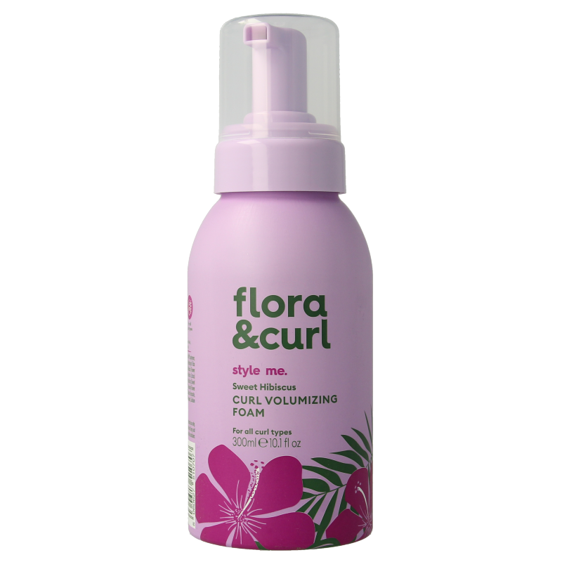 Flora & Curl Hibiscus Volumizing Foam in a 300ml bottle, natural hair care product for added volume and hydration.
