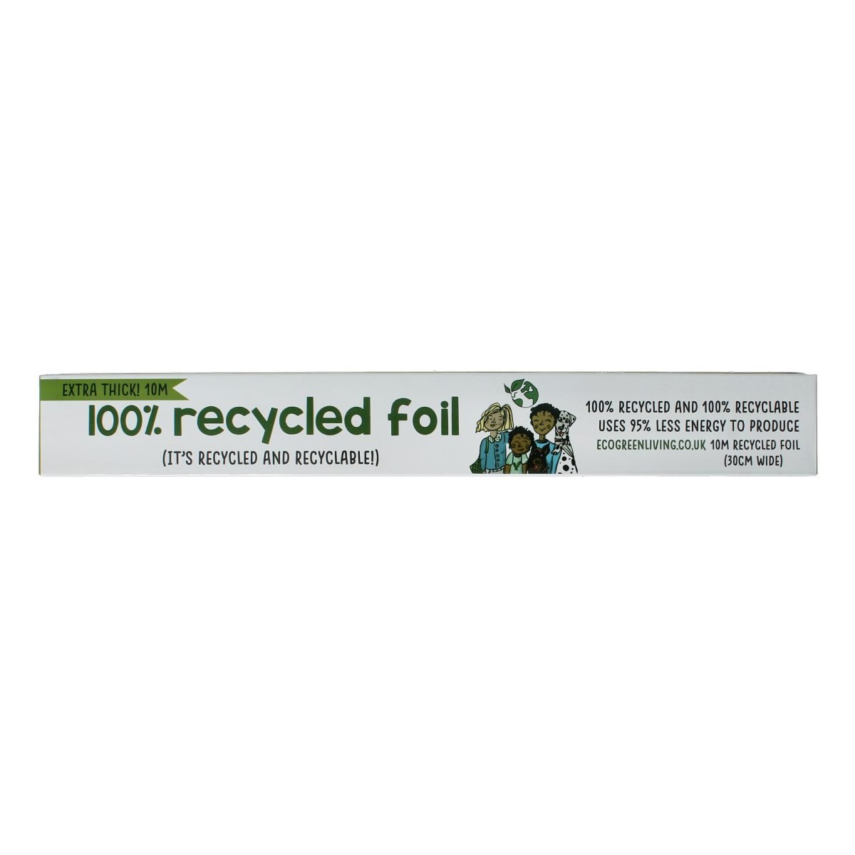Eco Green Living aluminium foil roll, 10 meters, suitable for household use, displayed alongside household trash bags.