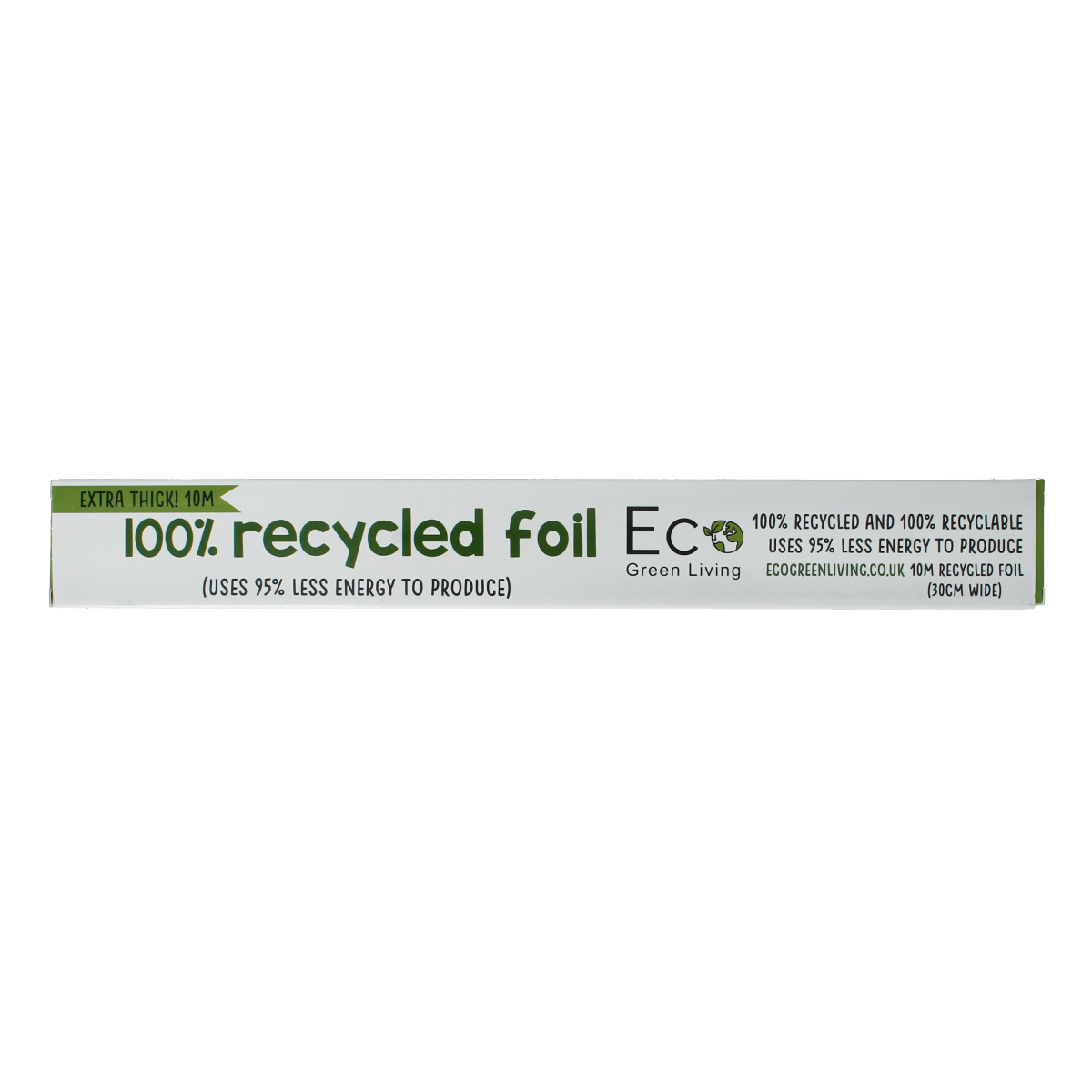 Eco Green Living aluminium foil roll, 10 meters, with household trash bags and foil in a natural, practical kitchen setting.