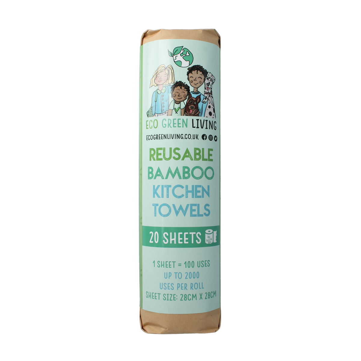 Eco Green Living bamboo kitchen paper towel roll with 20 sheets, eco-friendly and biodegradable kitchen paper product.