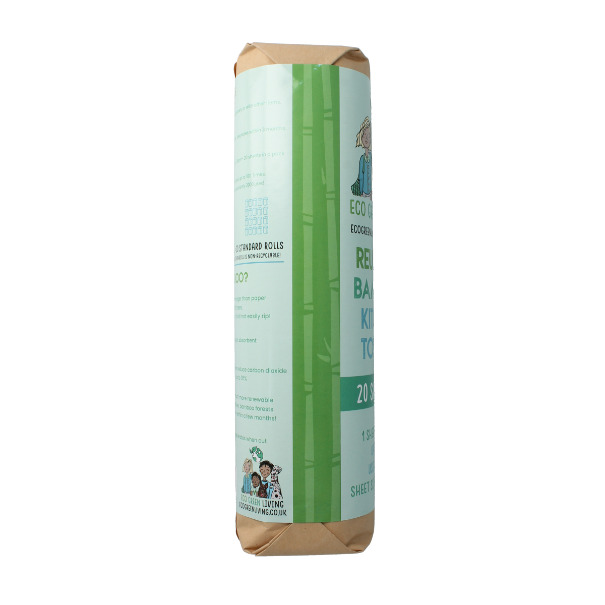 Eco Green Living bamboo kitchen paper roll with 20 sheets, eco-friendly and sustainable kitchen paper product.