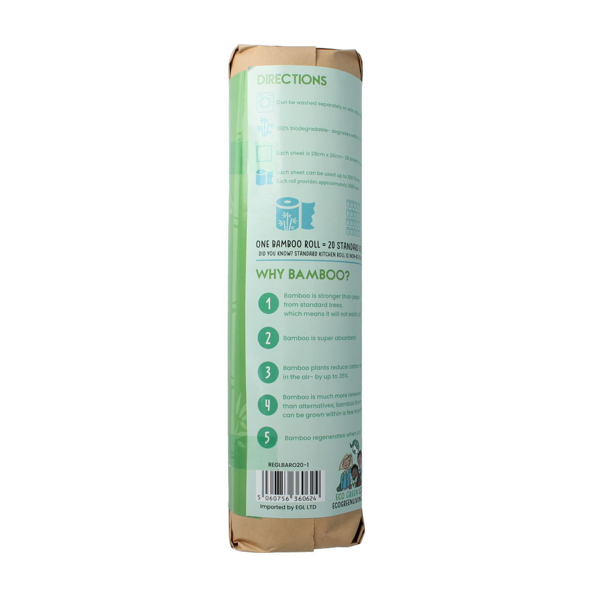 Eco Green Living bamboo kitchen paper towel roll with 20 sheets, eco-friendly and absorbent for kitchen use.