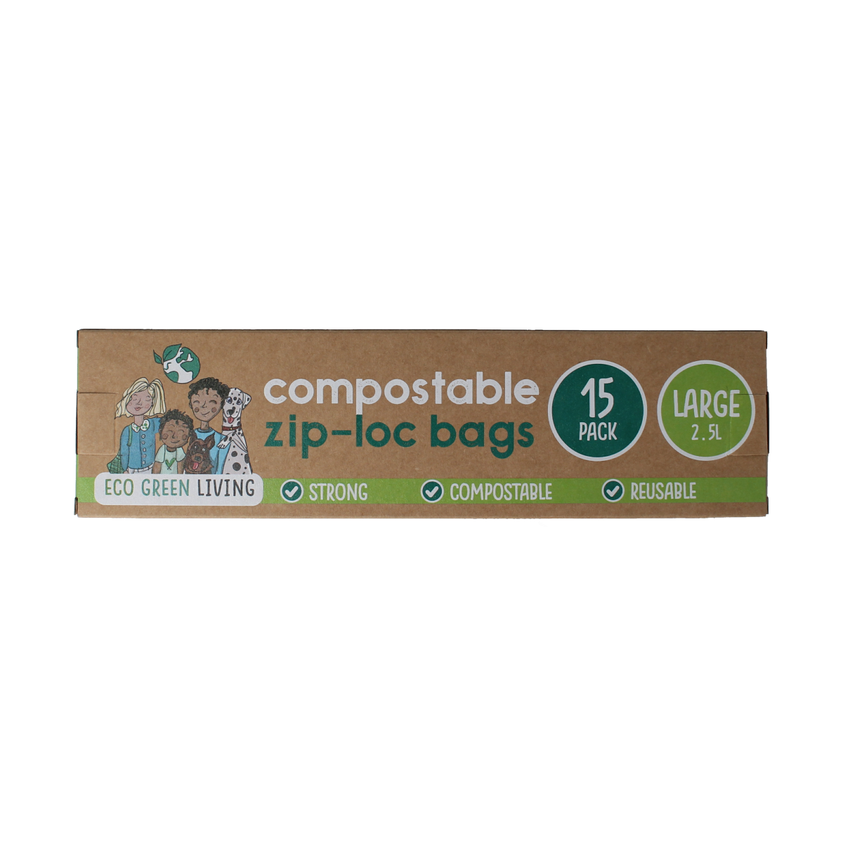 Eco Green Living reusable 2.5L storage bags, 15-pack, eco-friendly, resealable household trash and storage bags with product barcode.