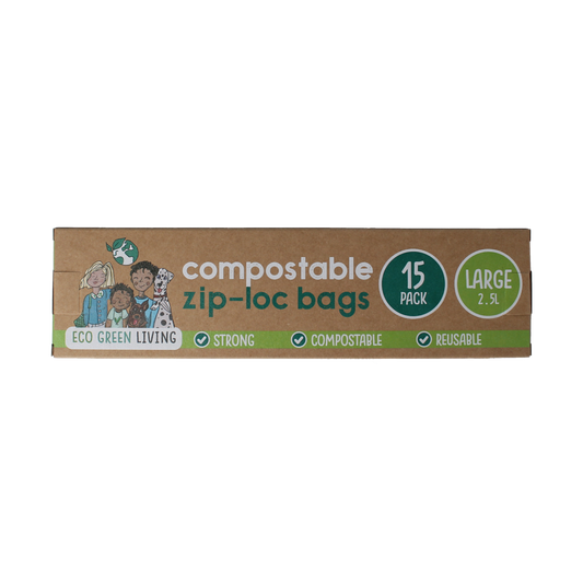 Eco Green Living reusable 2.5L storage bags, 15-pack, eco-friendly, resealable household trash and storage bags with product barcode.