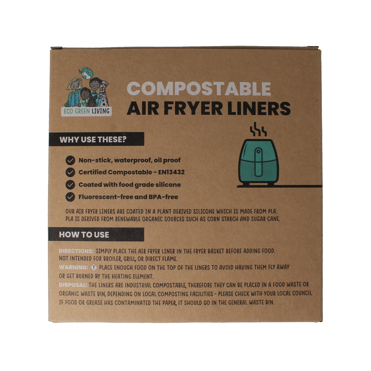 Eco Green Living Bakpapier airfryer 50-pack, natural parchment paper for baking and cooking in air fryers, with eco-friendly design.