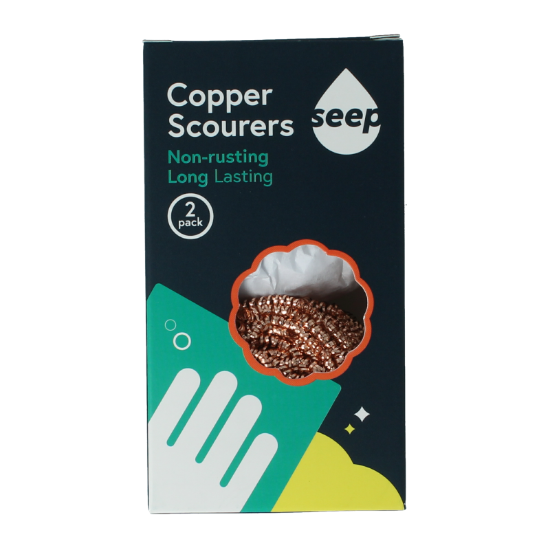 Seep copper scrubbing sponges, 2-pack, used for cleaning and scrubbing surfaces in household cleaning tasks.